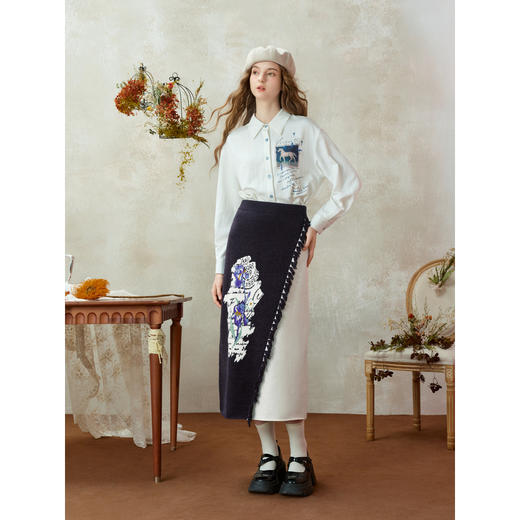 两三事梵高文艺呓语诗行2025冬季新款花卉图案拼色流苏毛织半身裙 商品图1