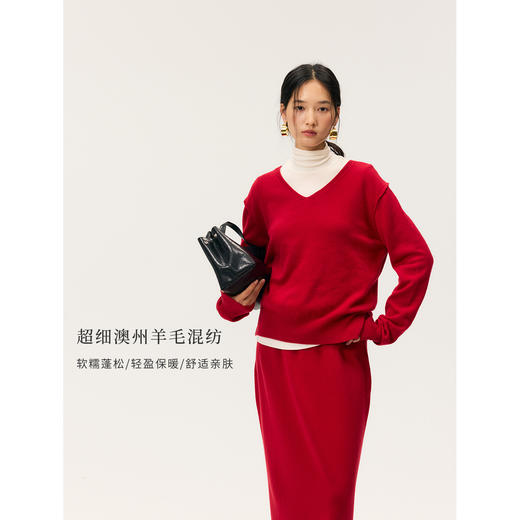 HeyDressV领开衩宽松羊毛毛衣/茧形针织松紧腰半裙 商品图3