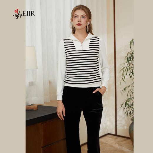 司歌条纹翻领弹力修身套头卫衣上衣T921040Y 商品图4