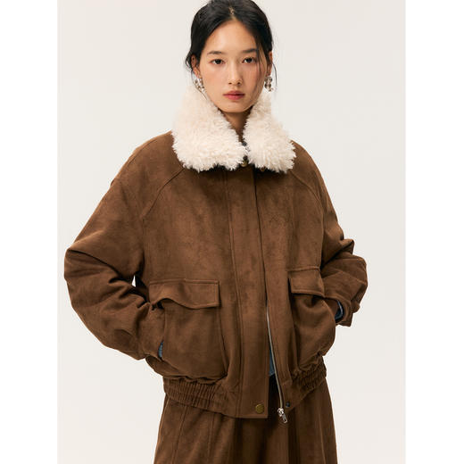 HeyDress毛领仿麂皮绒飞行夹克棉服 商品图0