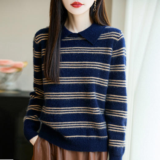丁摩100%纯羊毛新款女式宽松Polo领条纹短款打底针织衫毛衣ALM2-277 商品图3