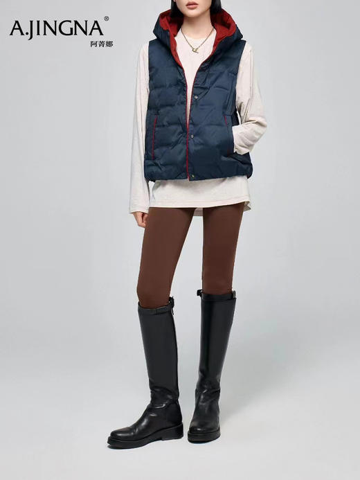 【双面羽绒马甲】阿菁娜秋季新款双面穿羽绒马甲慵懒风连帽两穿设计工装口袋圆弧下摆F30D203088 商品图1