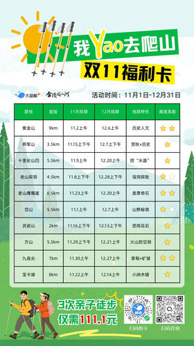 大蓝鲸爱研学|亲子徒步双十一活动，111.1元任选3次活动，2025年12月31日前有效（补差价）