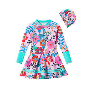 ASK JUNIOR【含泳帽】女童泳衣夏季儿童满印长袖连体式泳裙 花色 120 商品图4