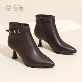 信诺时尚妈妈鞋气质细跟皮鞋女真皮尖头短靴加绒棉鞋2025冬季新款X5M153-230