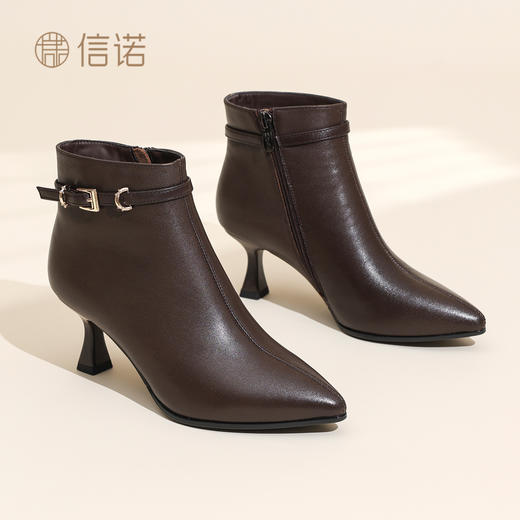 信诺时尚妈妈鞋气质细跟皮鞋女真皮尖头短靴加绒棉鞋2025冬季新款X5M153-230 商品图0