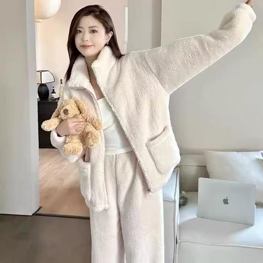 纯色软糯暖绵绵拉链套装珊瑚绒大码睡衣女士加绒加厚立领拉链法兰绒暖暖套装秋冬外穿家居 商品图1