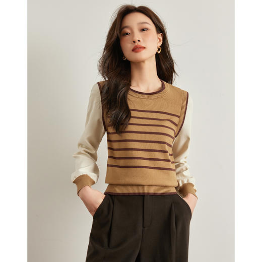 【年终特卖】熙世界假两件法式针织衫女2025早秋新款爆款长袖拼接条纹毛衣上衣 商品图3