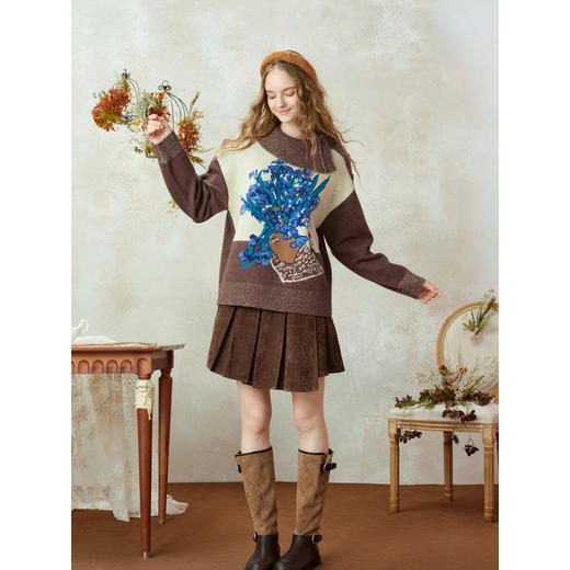 两三事梵高文艺捕风花影2025冬季新款拼色翻领提花刺绣毛衣女宽松 商品图1