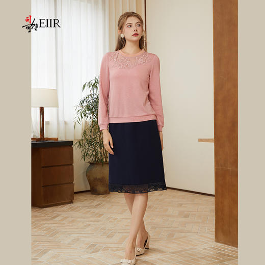 司歌弹力针织上衣拼蕾丝长袖上衣T921265y 商品图4