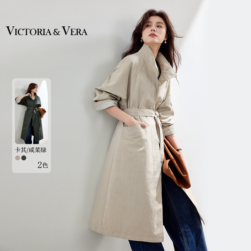 VICTORIA&VERA秋季【无皱随行】不易皱长款宽松风衣条纹袖口设计通勤气质外套