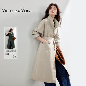 VICTORIA&VERA秋季【无皱随行】不易皱长款宽松风衣条纹袖口设计通勤气质外套