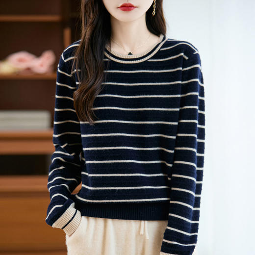 丁摩100%纯羊毛新款女式宽松圆领拼色短款上衣打底针织衫毛衣ALM2-400 商品图2