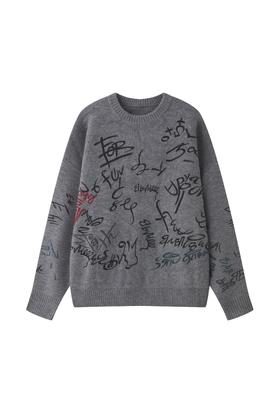 现货  涂鸦毛衣 童趣氛围感 涂鸦印花针织毛衣