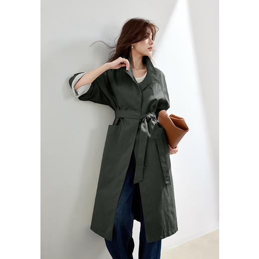 VICTORIA&VERA秋季【无皱随行】不易皱长款宽松风衣条纹袖口设计通勤气质外套 商品图1