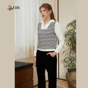 司歌条纹翻领弹力修身套头卫衣上衣T921040Y