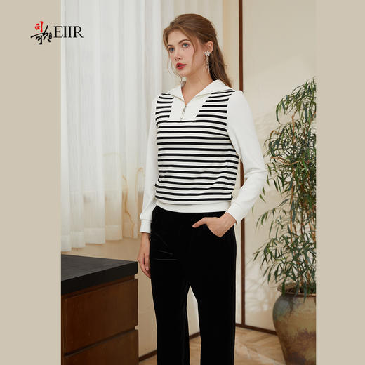 司歌条纹翻领弹力修身套头卫衣上衣T921040Y 商品图0