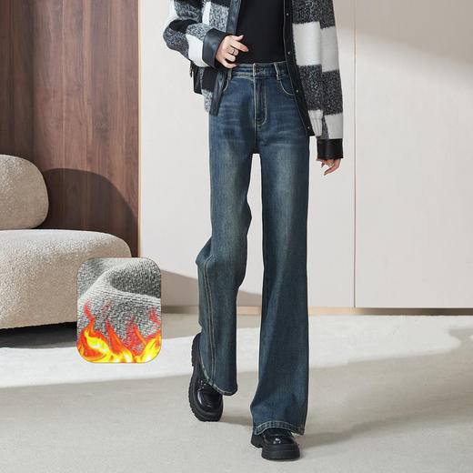 【拉绒-微喇牛仔】逸阳秋冬新品时尚复古加绒高腰微喇牛仔裤子4695 商品图6