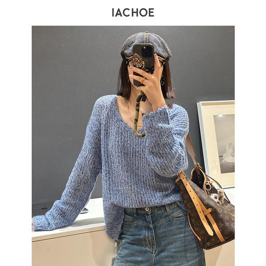 棉仓3671505011-花纱v领含羊绒慵懒毛衣 商品图0