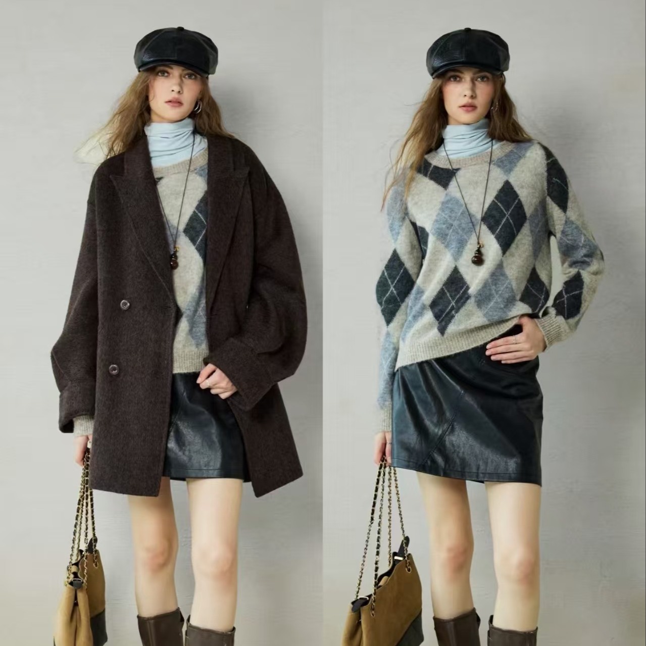 【à perles】复古菱格羊绒羊毛套头毛衣