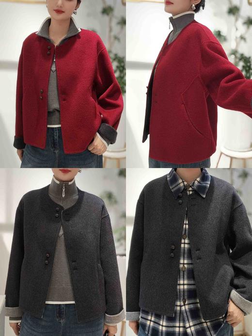 585805正反色四扣短款羊绒大衣 米驼/深灰/红色 商品图1