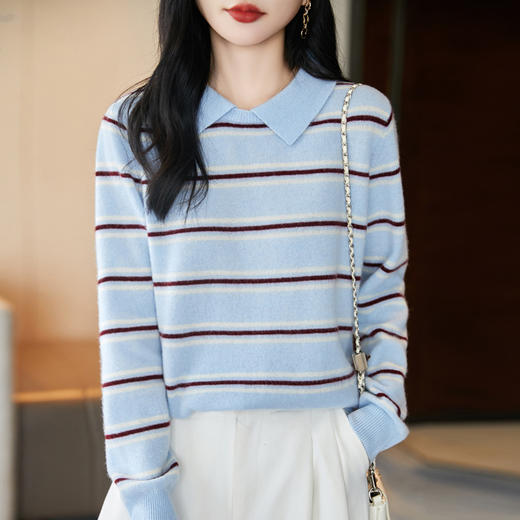 丁摩100%纯羊毛新款女式宽松Polo领条纹短款打底针织衫毛衣ALM2-277 商品图0