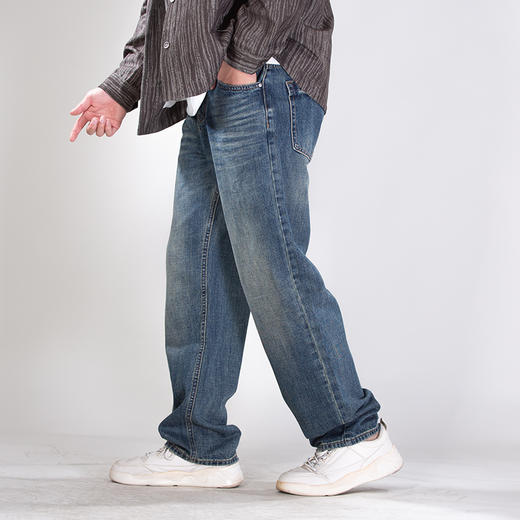 DRONKOO 2025 正常腰钉扣裂纹编织皮牌中厚牛仔长裤 商品图2