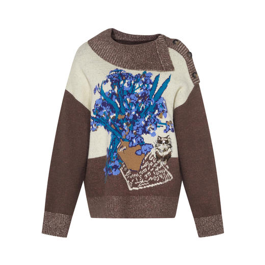 两三事梵高文艺捕风花影2025冬季新款拼色翻领提花刺绣毛衣女宽松 商品图4