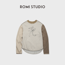 ROMI STUDIO"美式复古"色纺花纱撞色印花圆领套头卫衣 RWCASY6510