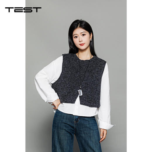 冬上新假两件设计感针织马甲拼接衬衣1254071 商品图0