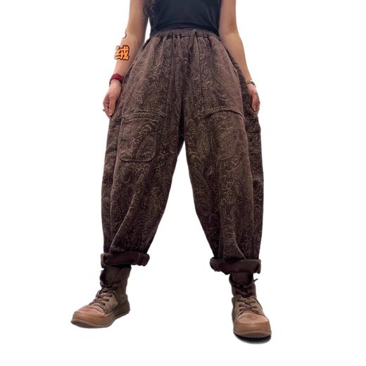 S668662025冬季新款 拼接提花贴布口袋加绒牛仔裤女 宽松高腰系带长裤女 商品图4