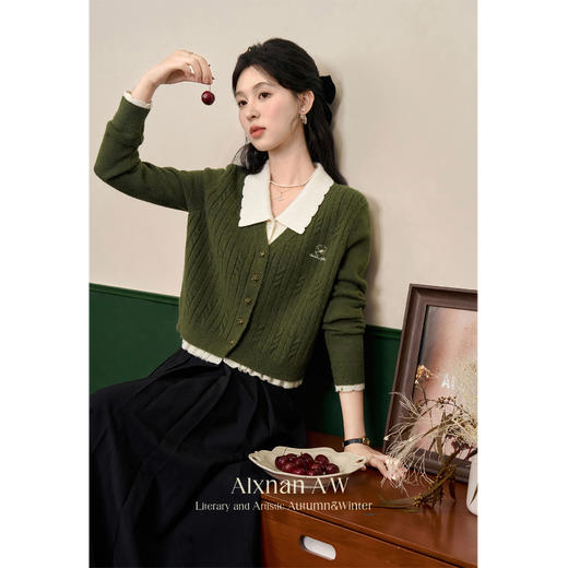 鹿向南「抹茶慕斯」慵懒风宽松毛衣2025秋冬季女装撞色假两件开衫 商品图0