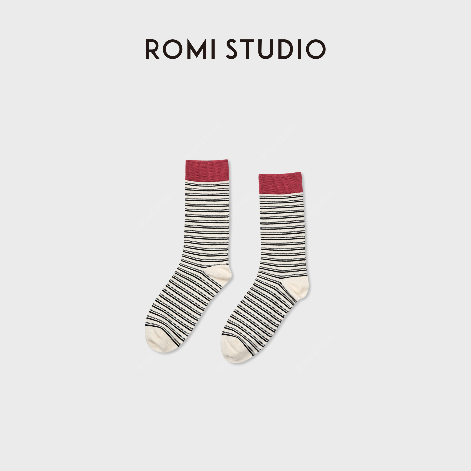 ROMI STUDIO“复古百搭”精梳棉柔韧撞色高弹袜口中筒袜 RWCWP36663