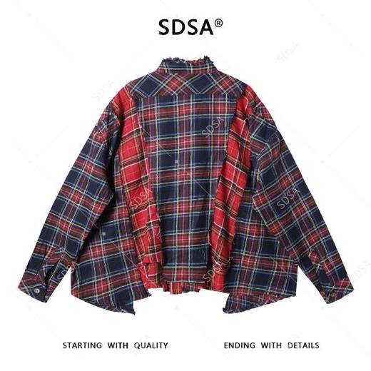 SDSA秋冬新款痞帅男装时尚撞色拼接格纹长袖衬衫一字扣设计百搭潮 商品图4