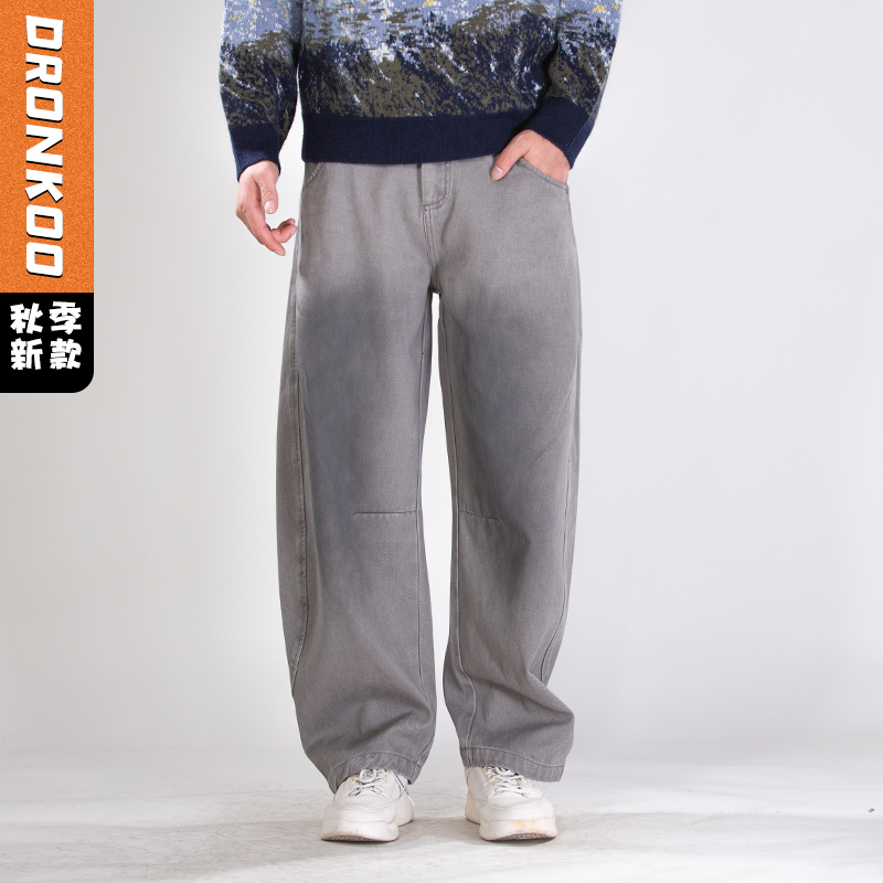 DRONKOO 2025 抽绳右裤袢金属环侧缝前后弧度喷色中厚牛仔长裤