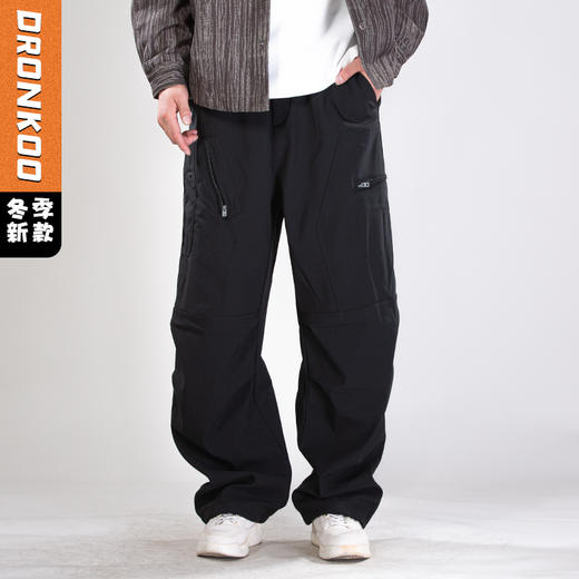 DRONKOO 2025 松紧腰左横右斜拉链装饰复合绒厚轻工装长裤 商品图0