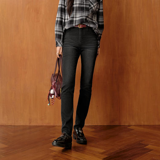 【严选】孟子义代言诗凡黎铅笔修身小脚牛仔裤2025冬新款加绒弹力显瘦靴裤7GA151321 商品图0