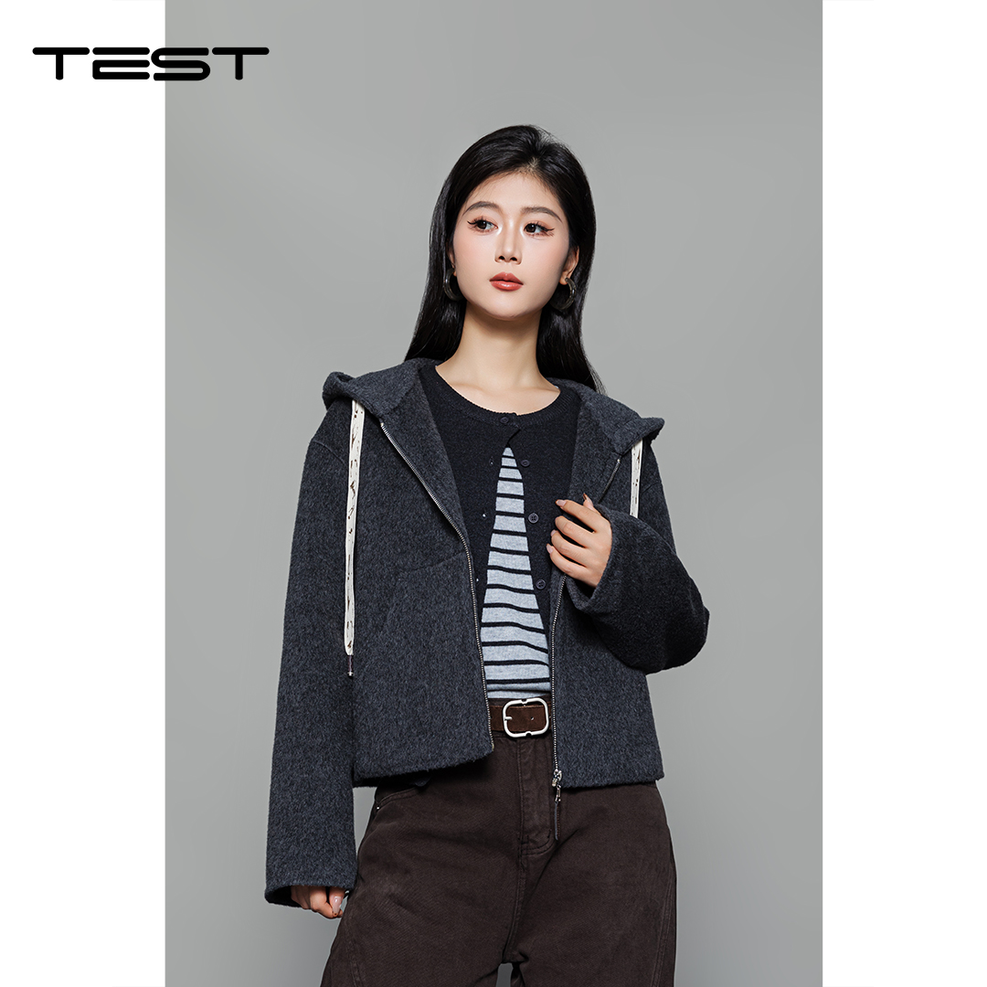 冬上新灰色连帽双面呢百搭又显活力双面呢短款外套2254060