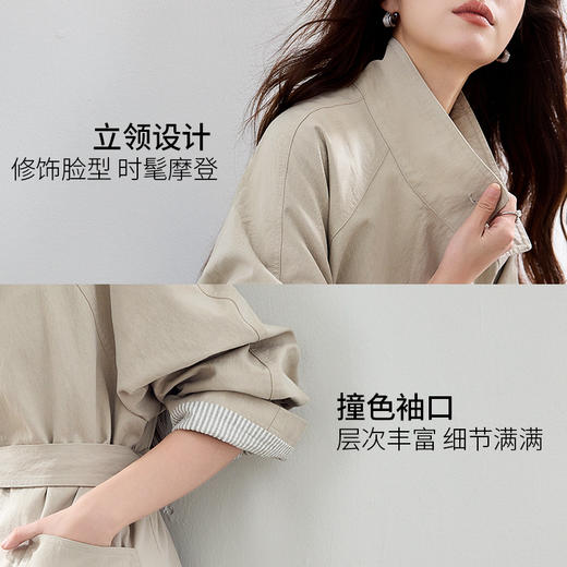 VICTORIA&VERA秋季【无皱随行】不易皱长款宽松风衣条纹袖口设计通勤气质外套 商品图2