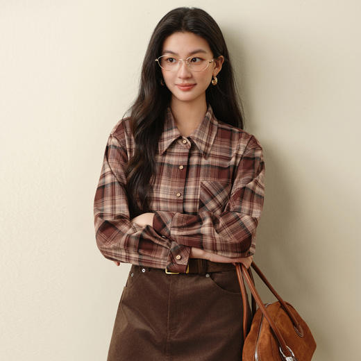 【严选】诗凡黎港式复古通勤衬衫2025秋冬新款撞色格纹长袖气质翻领上衣女7G9320971 商品图0