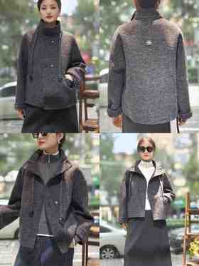 581311立领系绳羊绒短款大衣