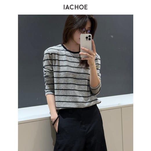 棉仓3661501004-灰底蓝条长袖T恤 商品图3