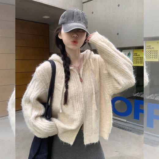 西遇针织开衫外套女秋季新款慵懒风双拉链连帽麻花宽松毛衣SS051697 商品图2