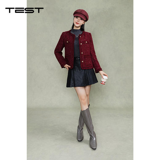 冬上新时尚百搭复古小香风酒红色呢外套2254087 商品图3