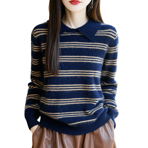 丁摩100%纯羊毛新款女式宽松Polo领条纹短款打底针织衫毛衣ALM2-277 商品图4