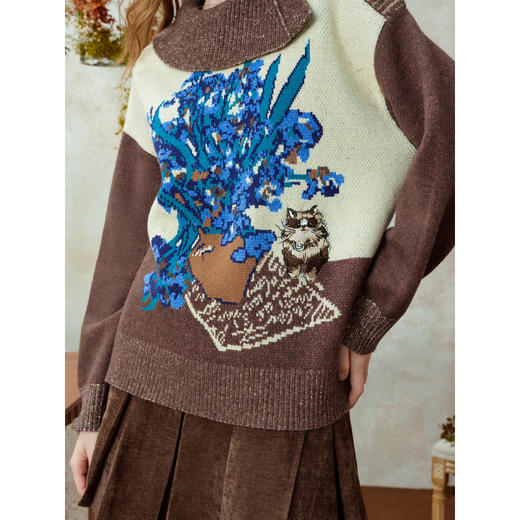 两三事梵高文艺捕风花影2025冬季新款拼色翻领提花刺绣毛衣女宽松 商品图3