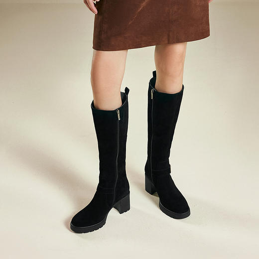千百度厚底粗高跟弹力袜靴女加绒保暖骑士靴高筒长靴A25587798 商品图2