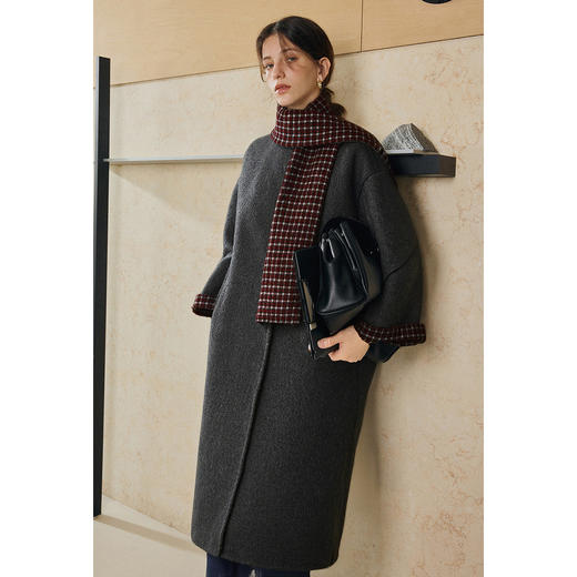 OLrain欧芮儿2025新款女冬季撞色格纹羊毛双面呢大衣长袖宽松外套 商品图0