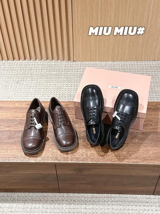 缪缪 新款系带深口单鞋高版本秋季新款英伦真皮平底圆通粗跟百搭德比鞋（DBG） 商品图0