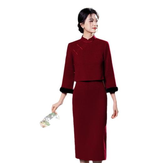 SKY 801326时尚改良新中式长款仿水貂绒旗袍两件套日常加绒旗袍裙 商品图4